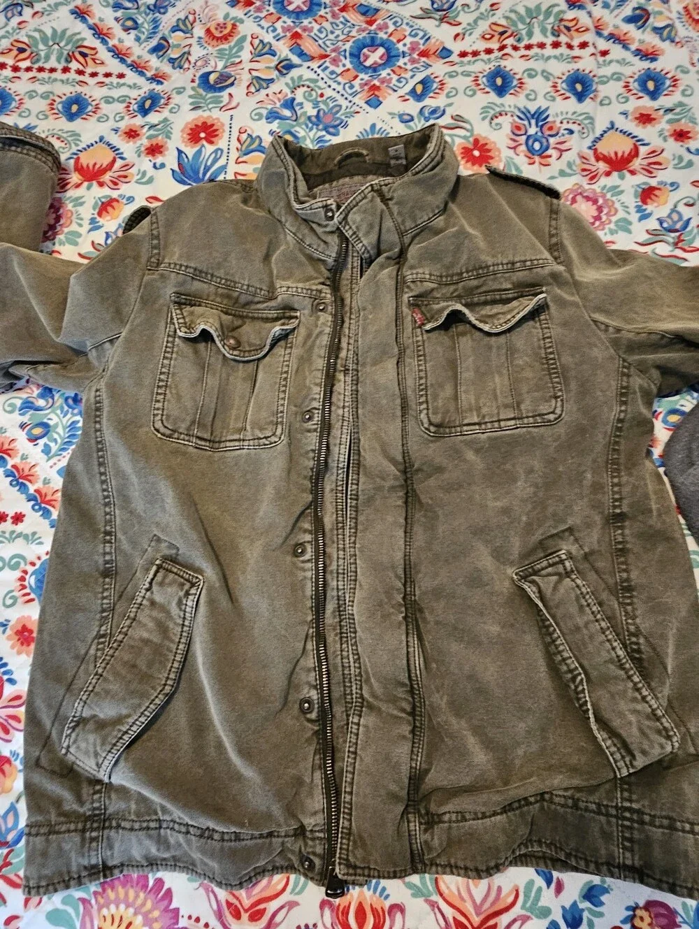 Levi Strauss Mens M Layered Hooded Canvas Trucker Jacket Washed Olive Green